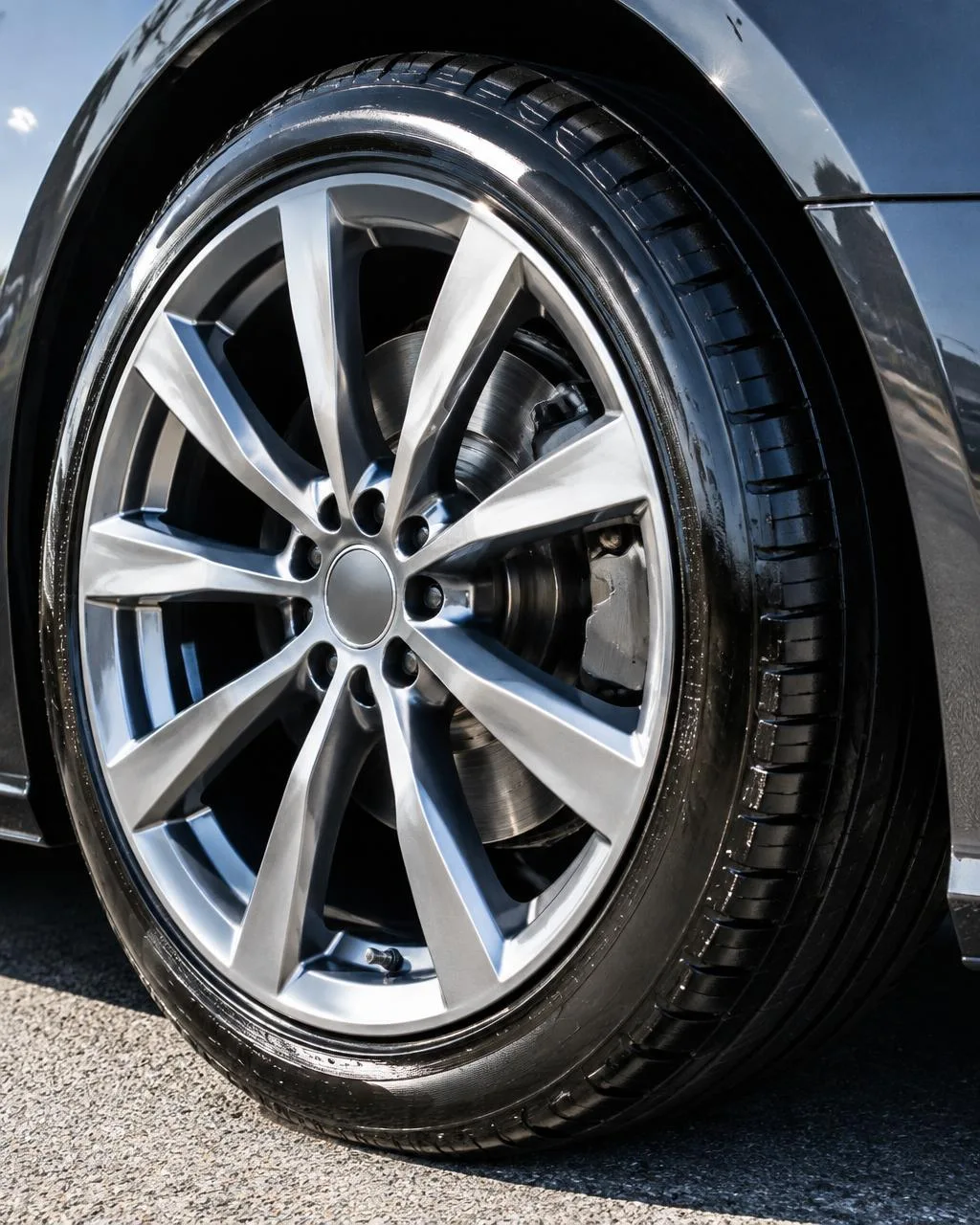 Clean alloy wheel and tyre in daylight