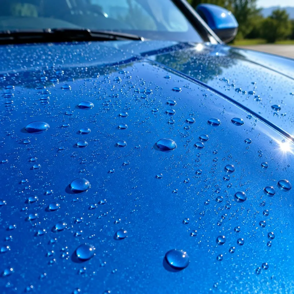 Water beading on polished blue paintwork