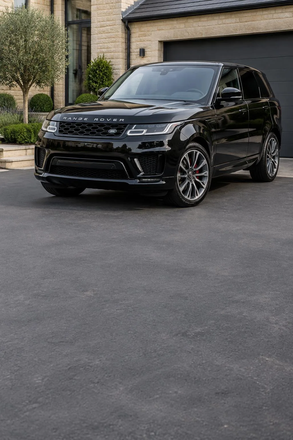 Illustrative glossy black Range Rover on a British driveway in natural daylight